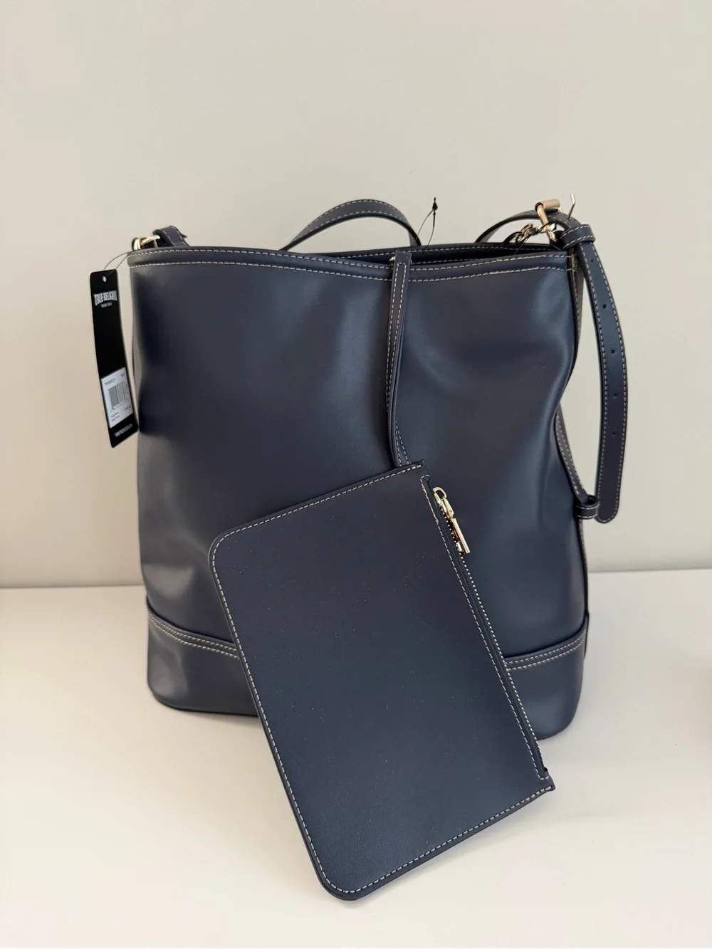 True Religion Navy Shoulder Bag with Gold Charm Chain and Red Logo